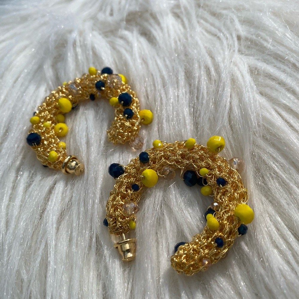 Small Hand Made Gold Crochet Beaded Hoops - Picture 6 of 11